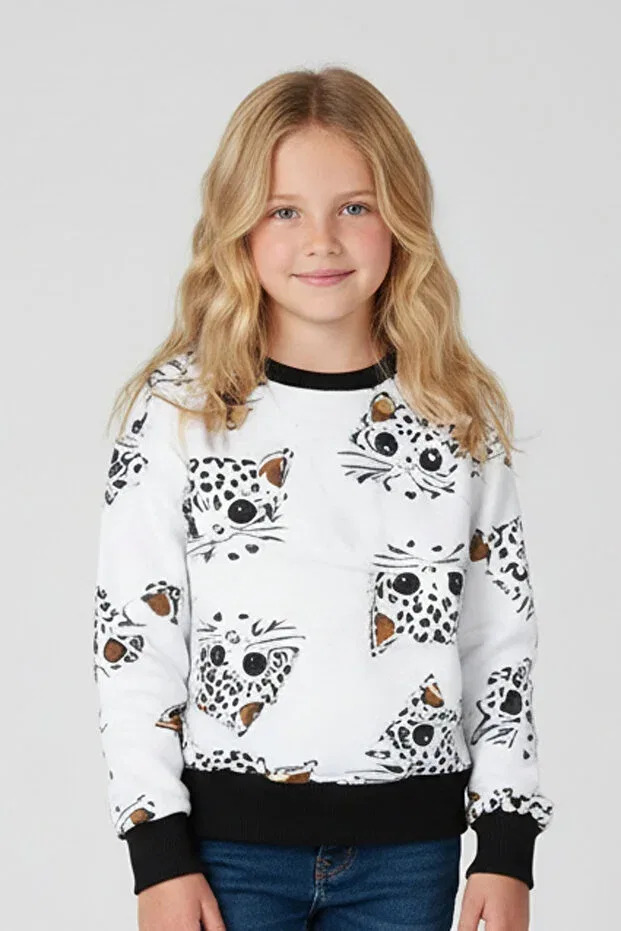 Детские свитшот для девочек с принтом Crew neck cat patterned Fyk Kids, White