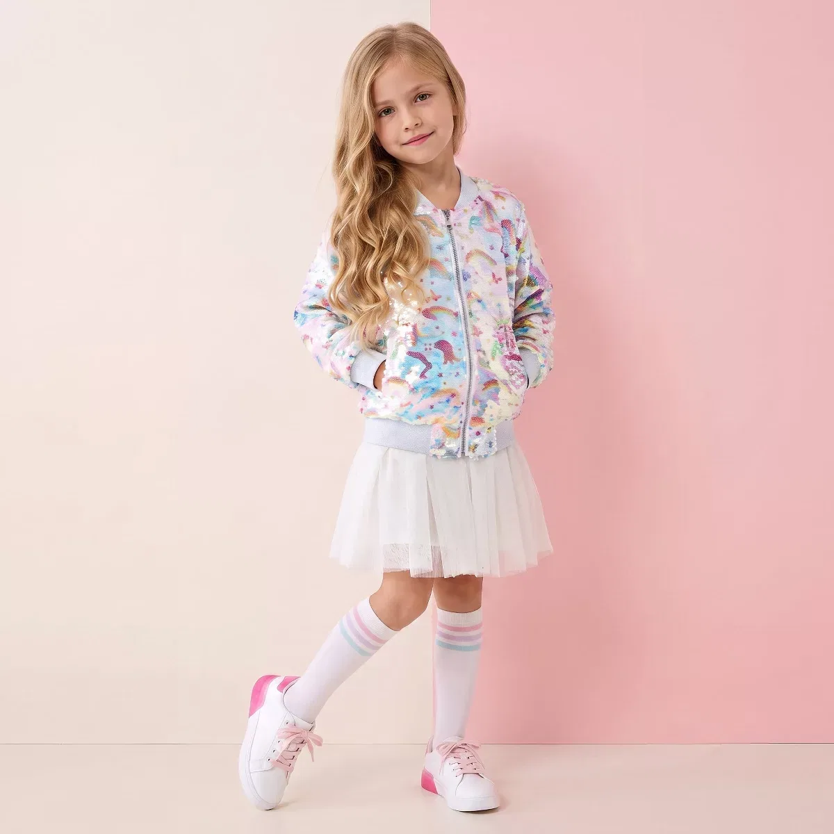 Детская куртка-бомбер с принтом Unicorn Rainbow 2Bunnies, Silver — фото 4