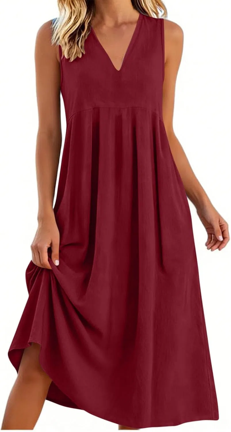 Женское платье макси из льна V-образный вырез Casual, Wine — фото 4