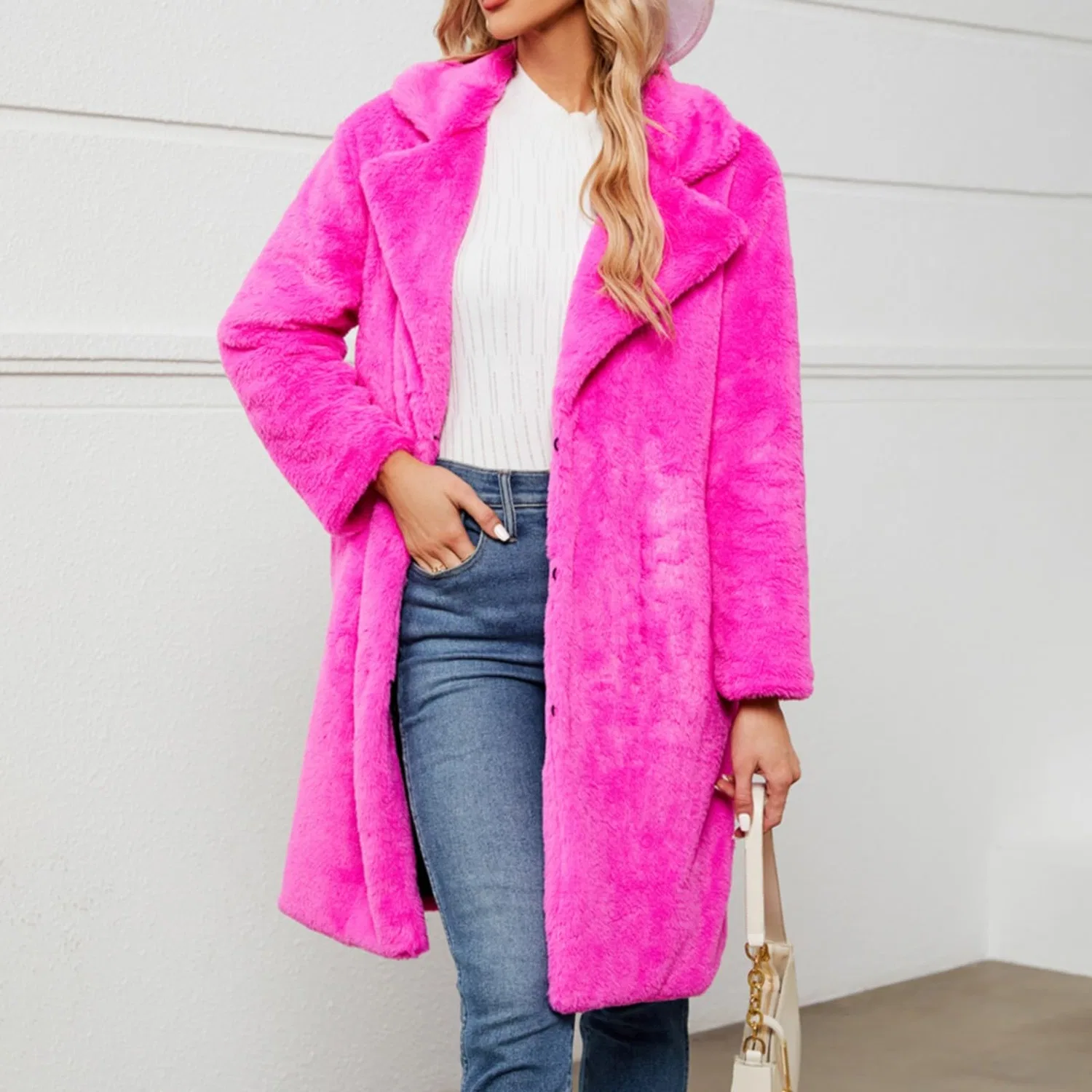 Женское зимнее пальто с открытым передом, модель Furry Jackets Sweaters, Hot Pink — фото 4