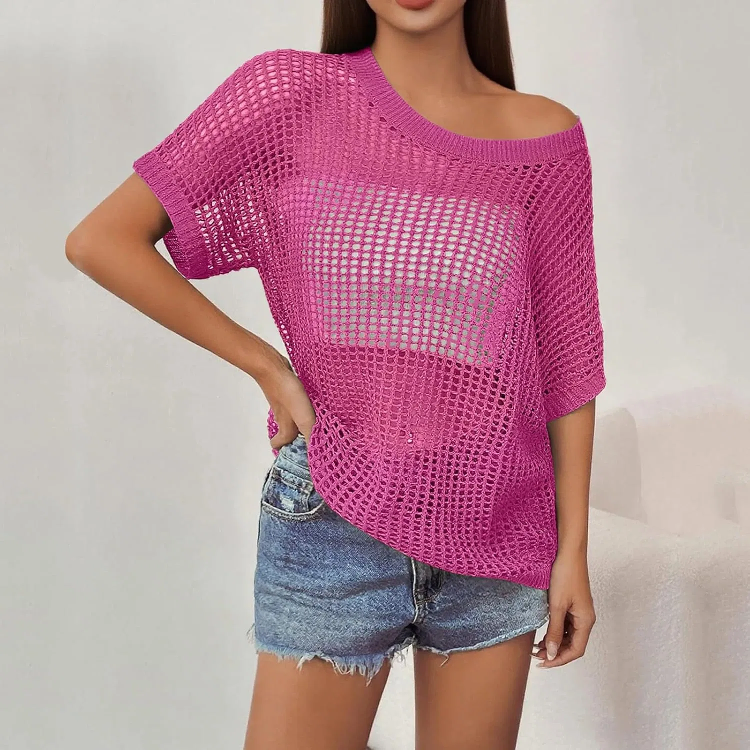Женская вязаная ажурная кофта с коротким рукавом Beach Cover Up, Hot Pink — фото 4