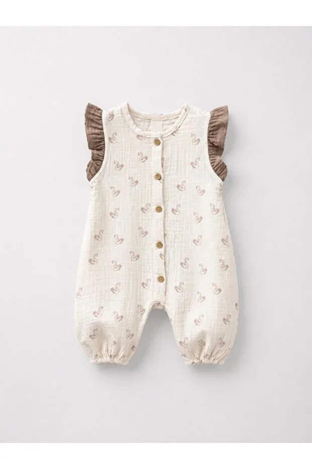 Детский комбинезон для девочек с принтом Swan Patterned Sleeves Embroidered Jumpsuit Hat Tifina Kids, Brown — фото 3