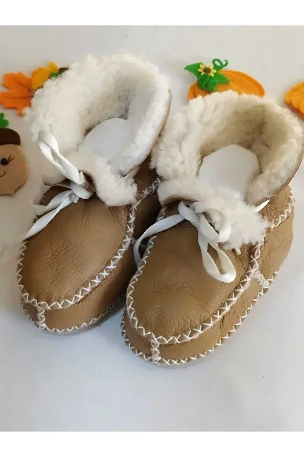 Детские пинетки из натуральной кожи с моделью Organic genuine lambskin baby booties slippers baby boots baby shoes Minibiri, Brown — фото 2