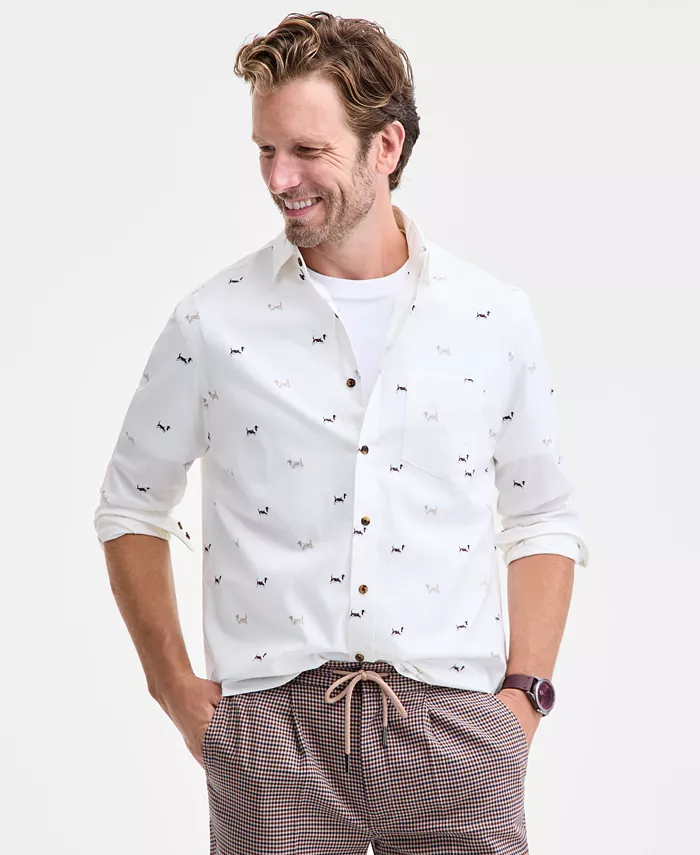 

Мужская рубашка на пуговицах из велюрового хлопка с принтом бассет-хаунда Club Room, белый