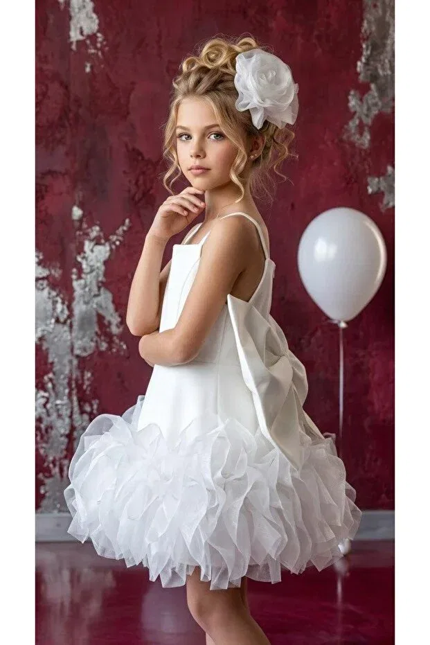 Детское платье для девочек с принтом Big Bow Detailed Strap Fluffy Tulle Evening Dress + Buckle Mc Minicool, White — фото 3