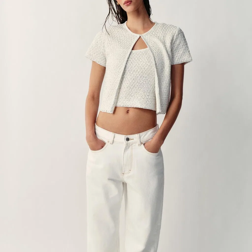 Женский свитер с круглым вырезом White ZARA, Raw White — фото 4