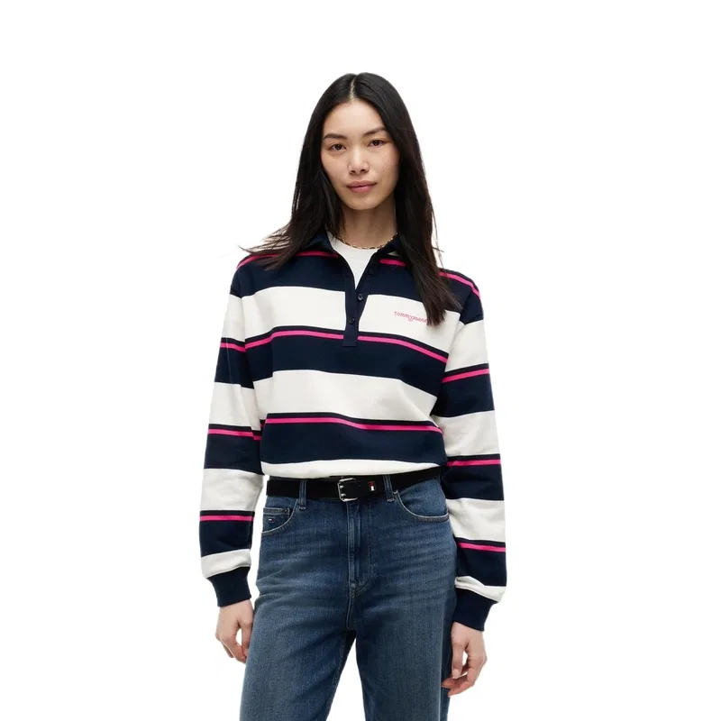 Женская толстовка с полосками Polo Collar Tommy Hilfiger, Navy Blue Beige White Pink Stripes 0FD