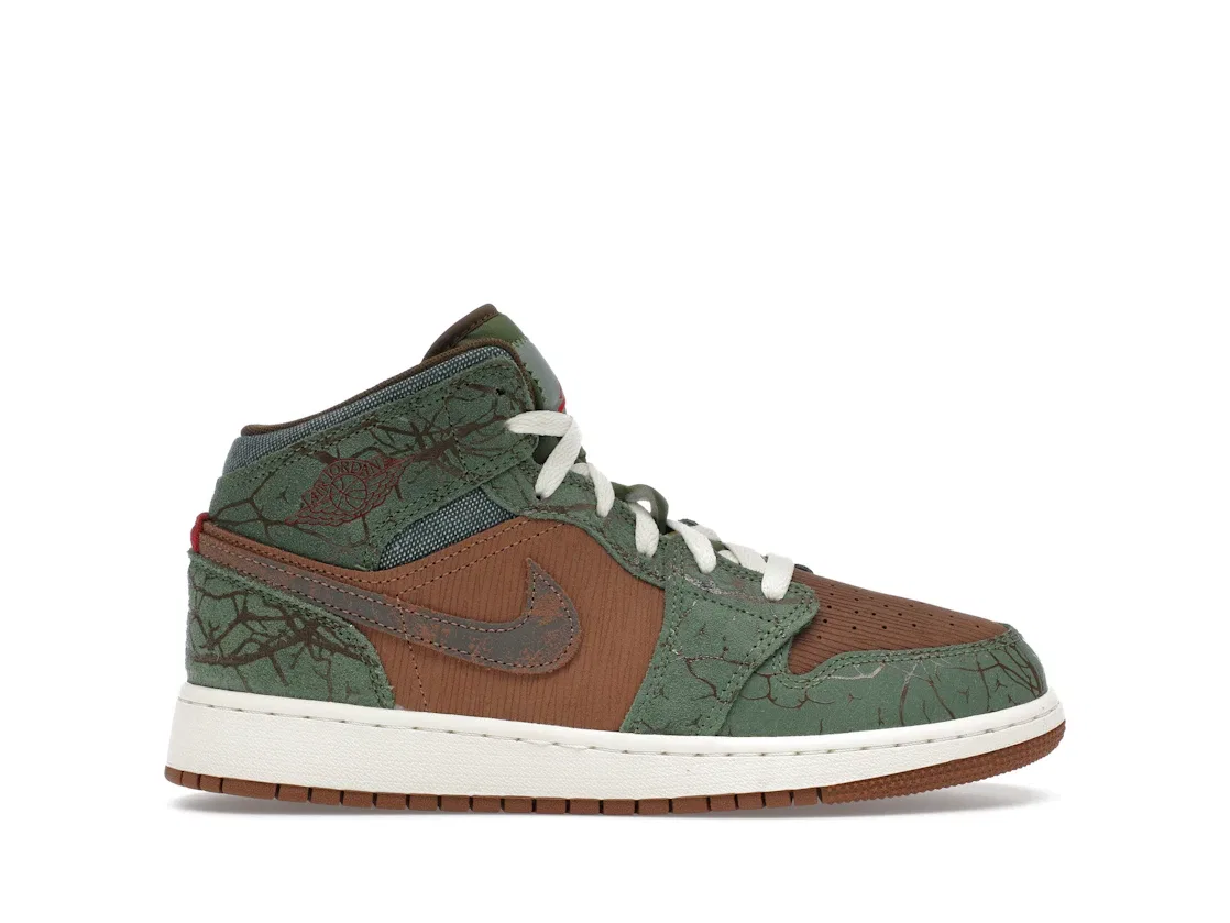 Детские кроссовки Lifestyle с принтом Jordan 1 Mid Treeline Jordan, Archaeo Brown/Treeline/Coconut Milk/Light Olive