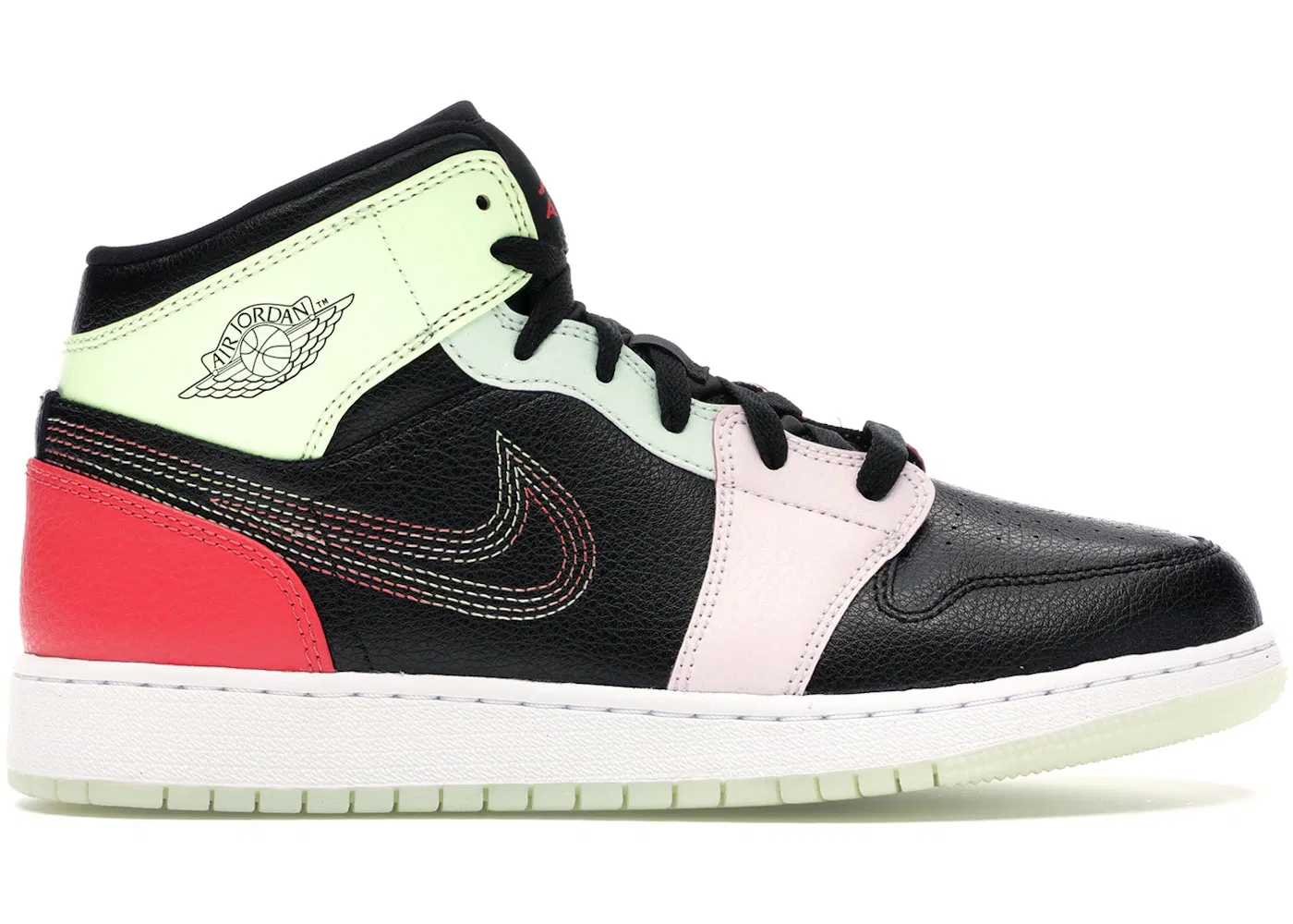 Детские кроссовки с эффектом свечения Jordan 1 Mid Jordan, Black/Ember Glow-Barely Volt-Light Soft Pink-Jade Aura