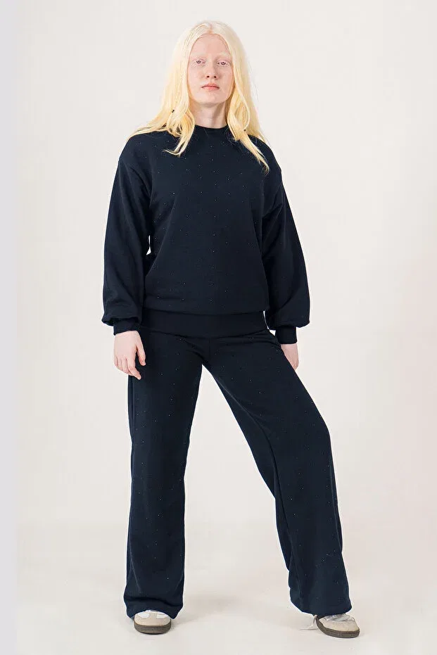 Детский комплект для девочек из футера с принтом Stoned crew neck girls' tracksuit set Kinderos, Navy Blue — фото 3