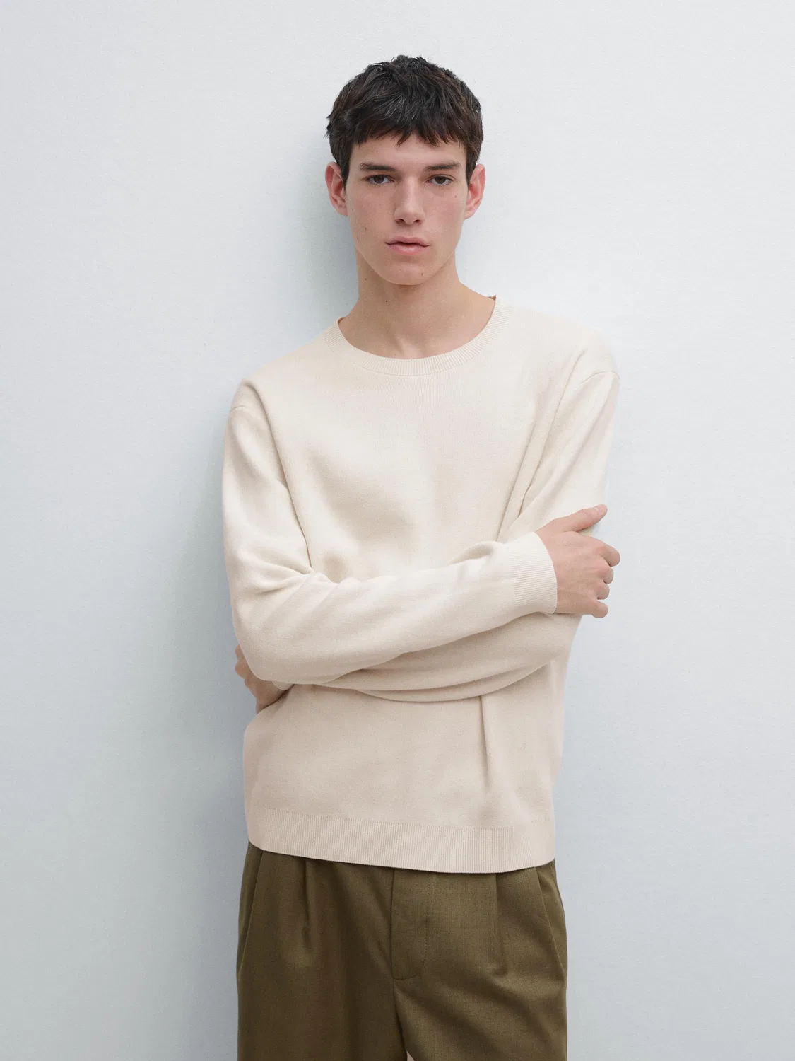 Вязаный свитер с круглым вырезом из 100% хлопка Massimo Dutti, Vanilla — фото 2