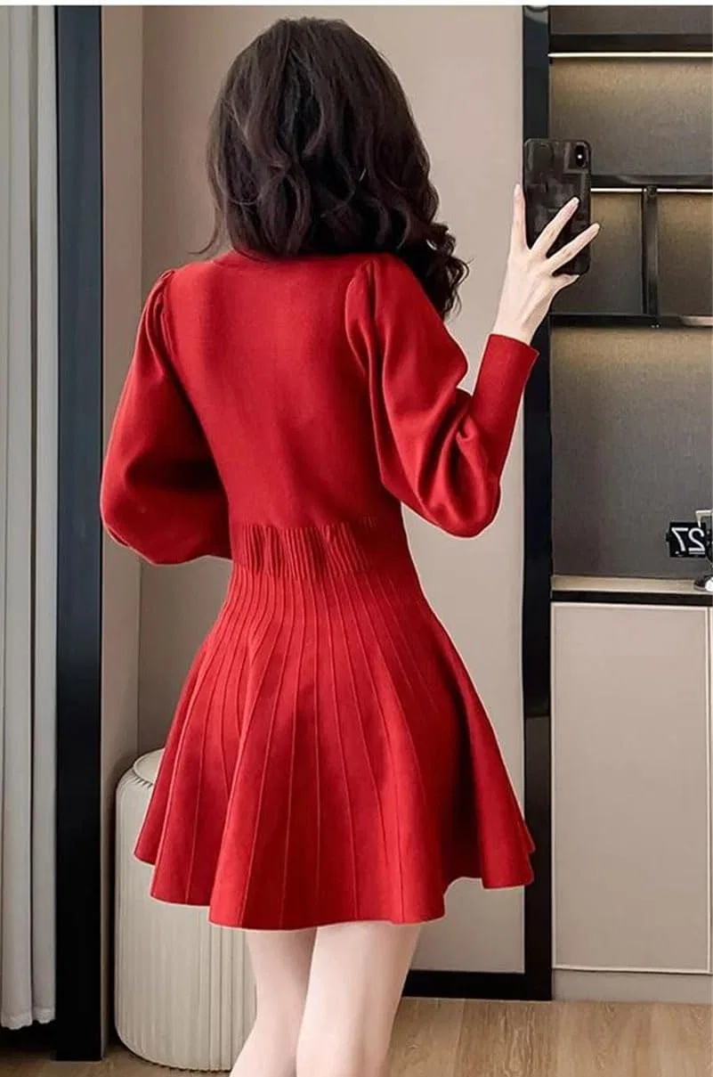 Женское платье мини с воротником-стойкой и бантом A-line, Red — фото 3