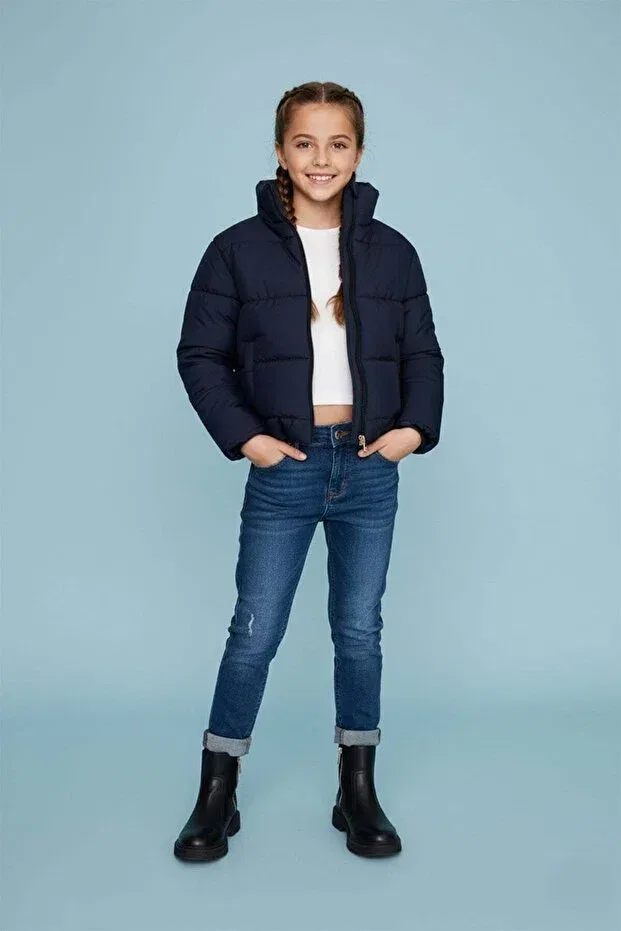 Детский пуховик для девочек с эластичным поясом Fulla Moda, Navy Blue — фото 4