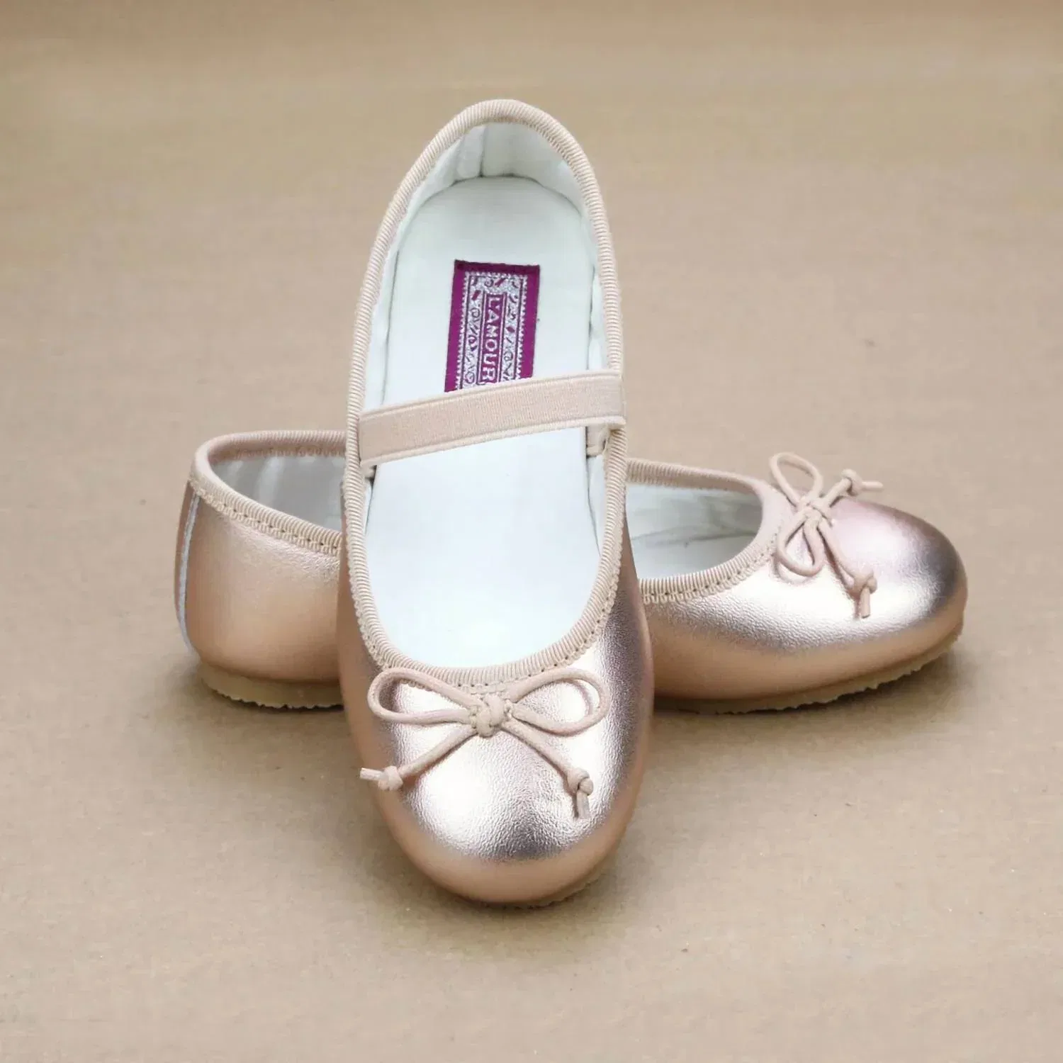 Детские балетки для девочек с бантом L'Amour, Rosegold — фото 3