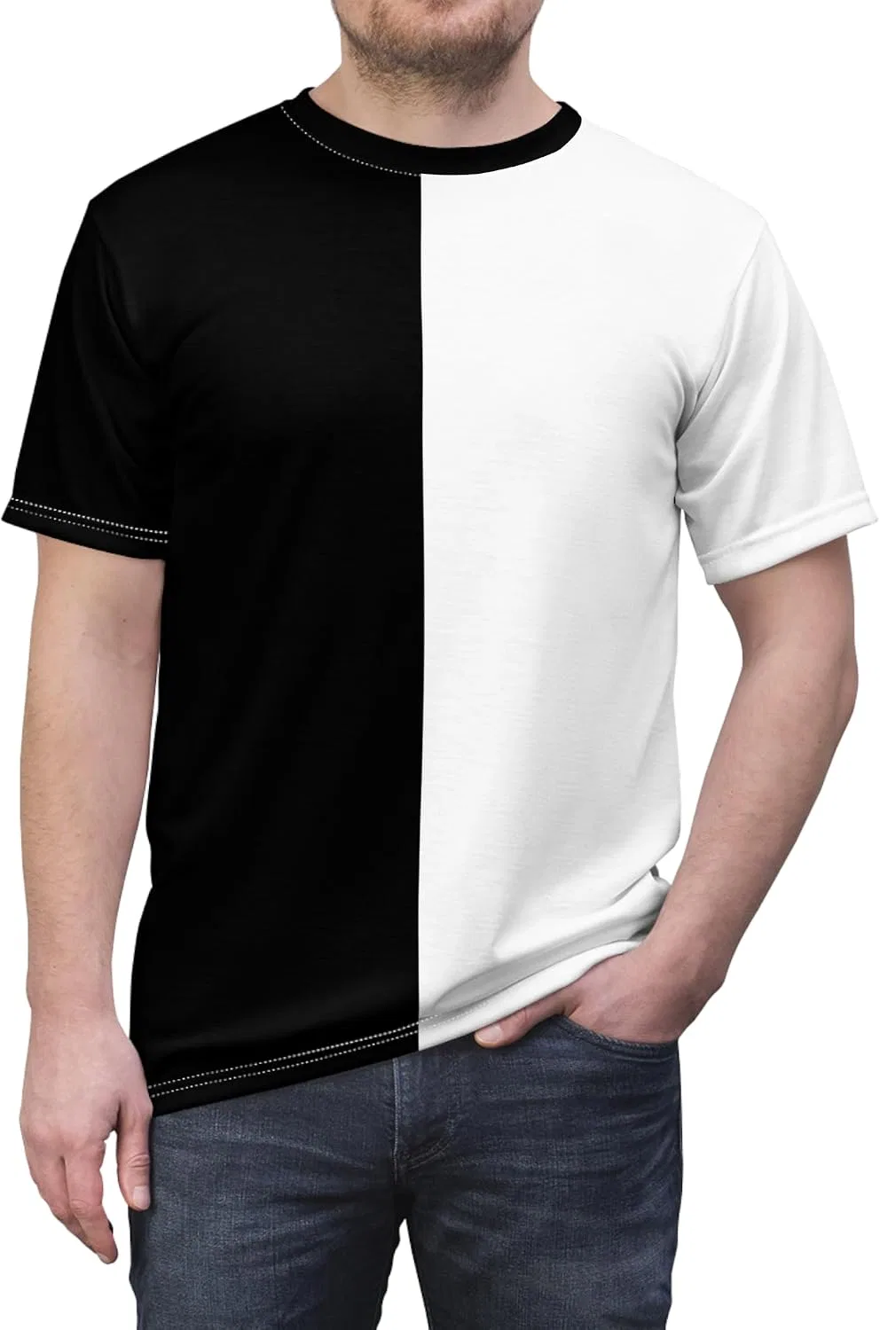 Футболка с контрастными половинами белого и черного цвета, Regular Fit, White Stitching — фото 2