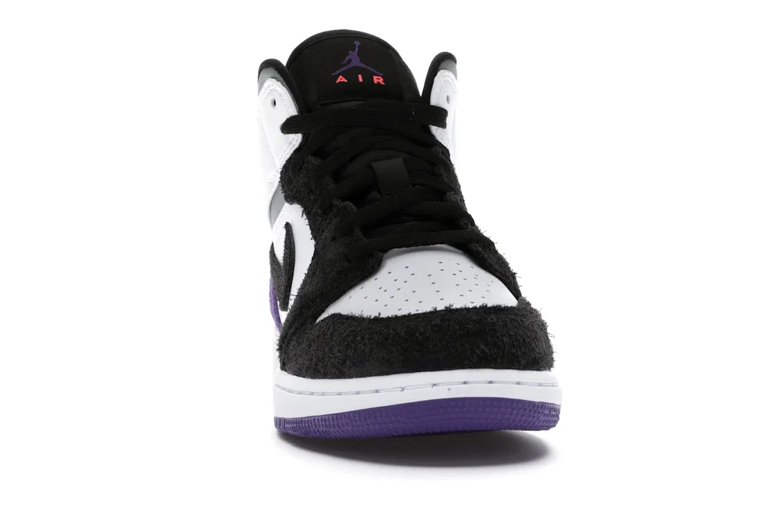 Детские кроссовки с замшевыми вставками Jordan 1 Mid SE Purple Jordan, White/Black-Light Solar Flare Heather-Varsity Purple — фото 2