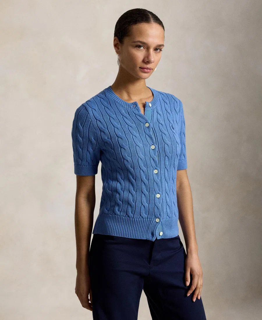 Женский кардиган с коротким рукавом Cable-Knit Cotton Short-Sleeve Cardigan Polo Ralph Lauren, Nimes Blue
