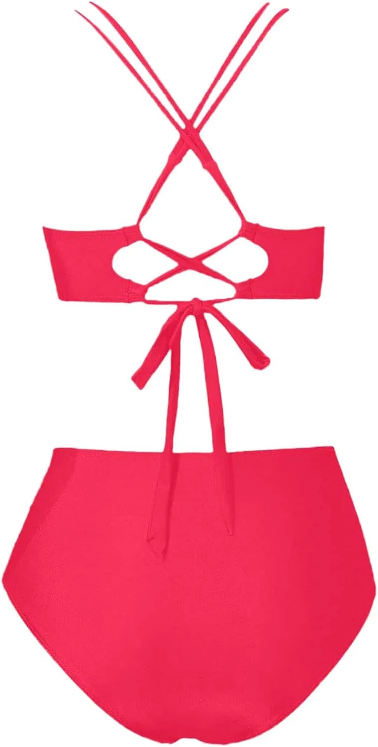 Женский высокий бикини-сет с утяжкой живота V-образным вырезом, Hot Pink — фото 4