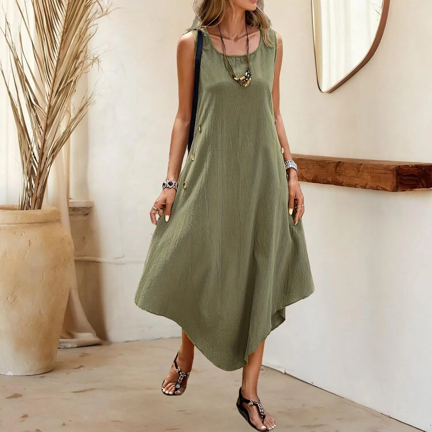 Женское летнее свободное платье-майка из хлопка и льна, Army Green — фото 2