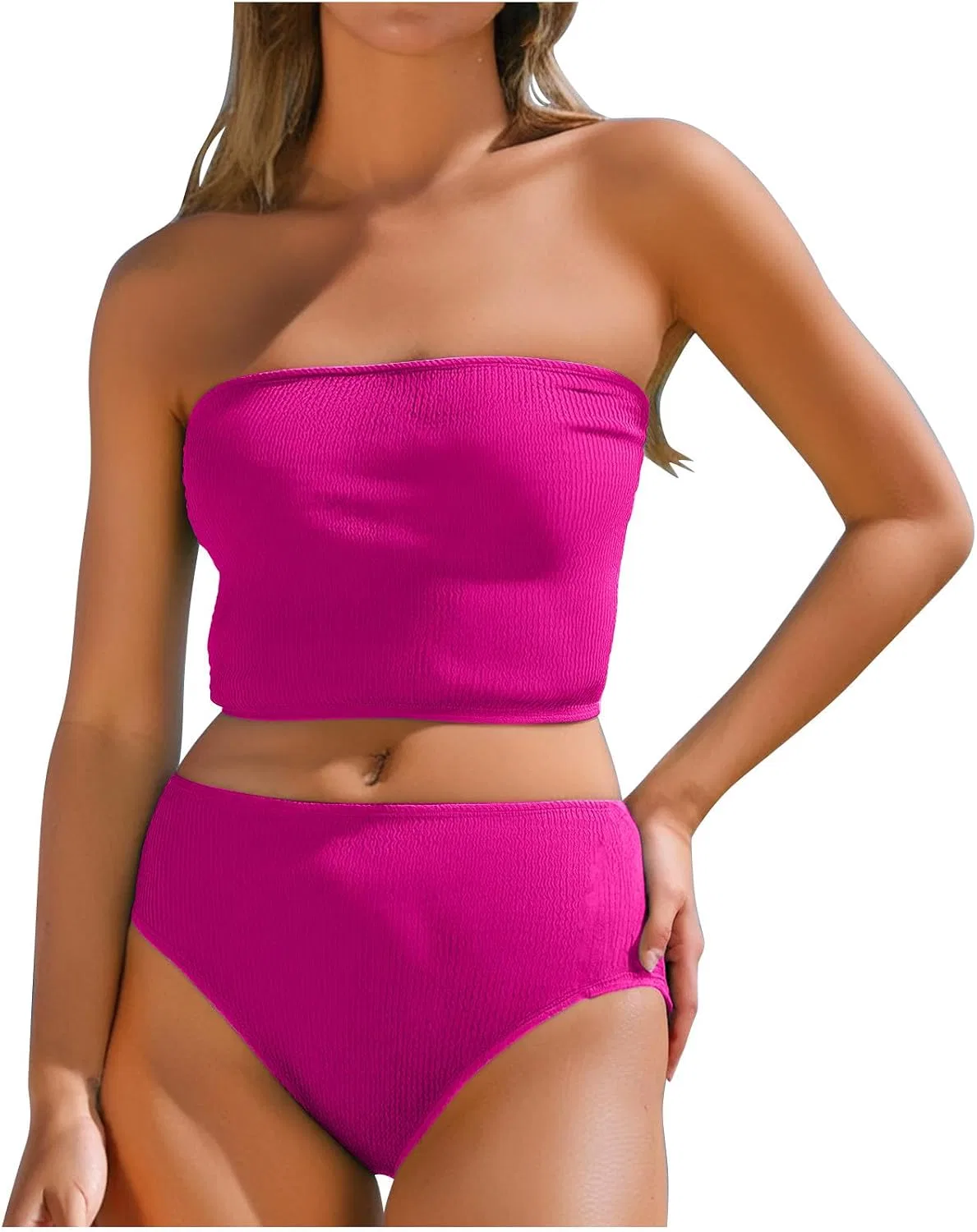Женский бикини-комплект с завышенной талией Ribbed Shoulder, Hot Pink