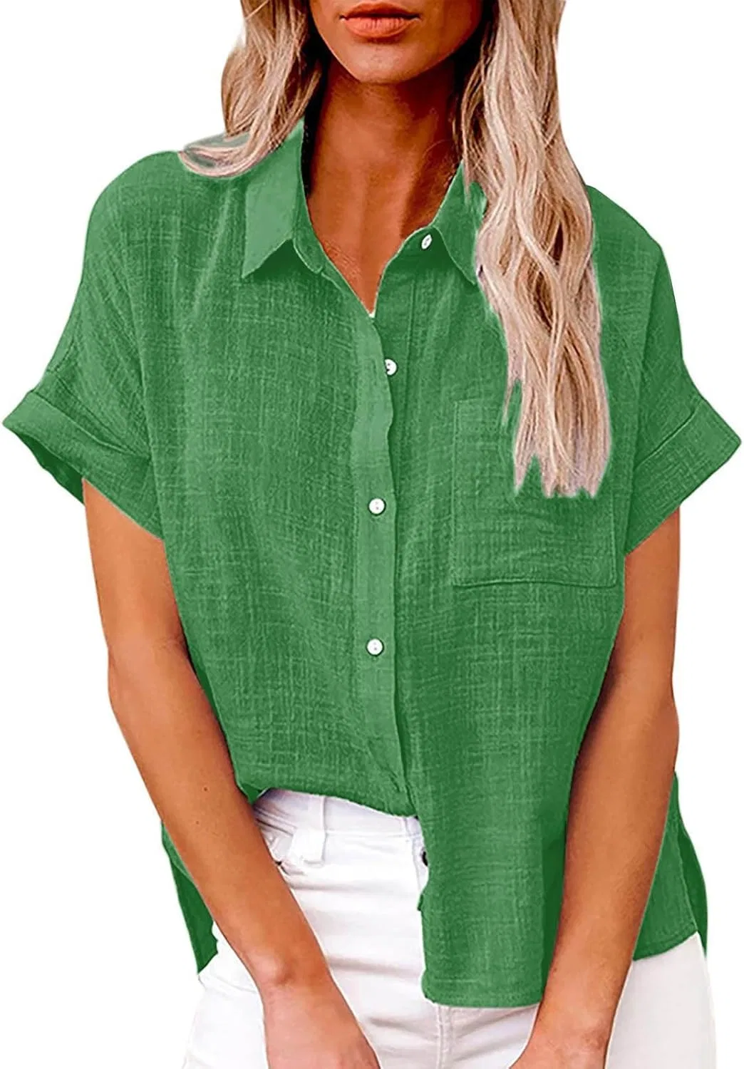 Женская повседневная блуза с коротким рукавом из льна, Green
