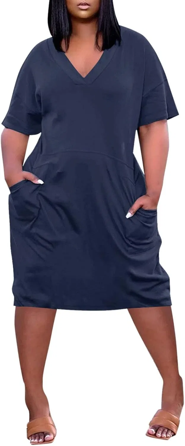 Женское свободное платье-футболка с V-образным вырезом Oversized Tshirt Dress, Navy