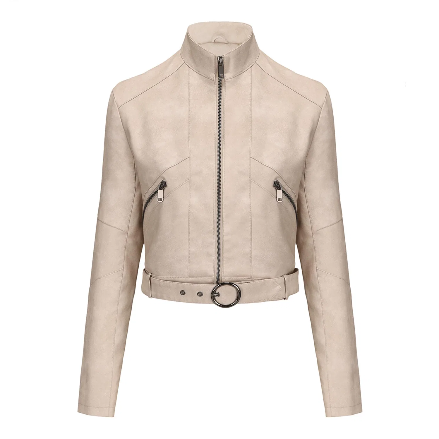 Женская куртка из экокожи с высоким воротником, vintage biker, Beige — фото 4