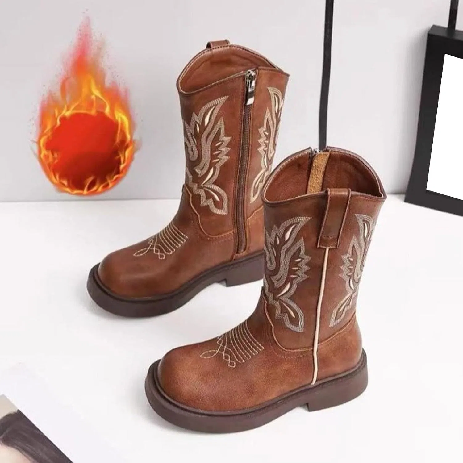 Детские сапоги для девочек с вышивкой Cowboy Boots IWIHMIV, Coffee — фото 2