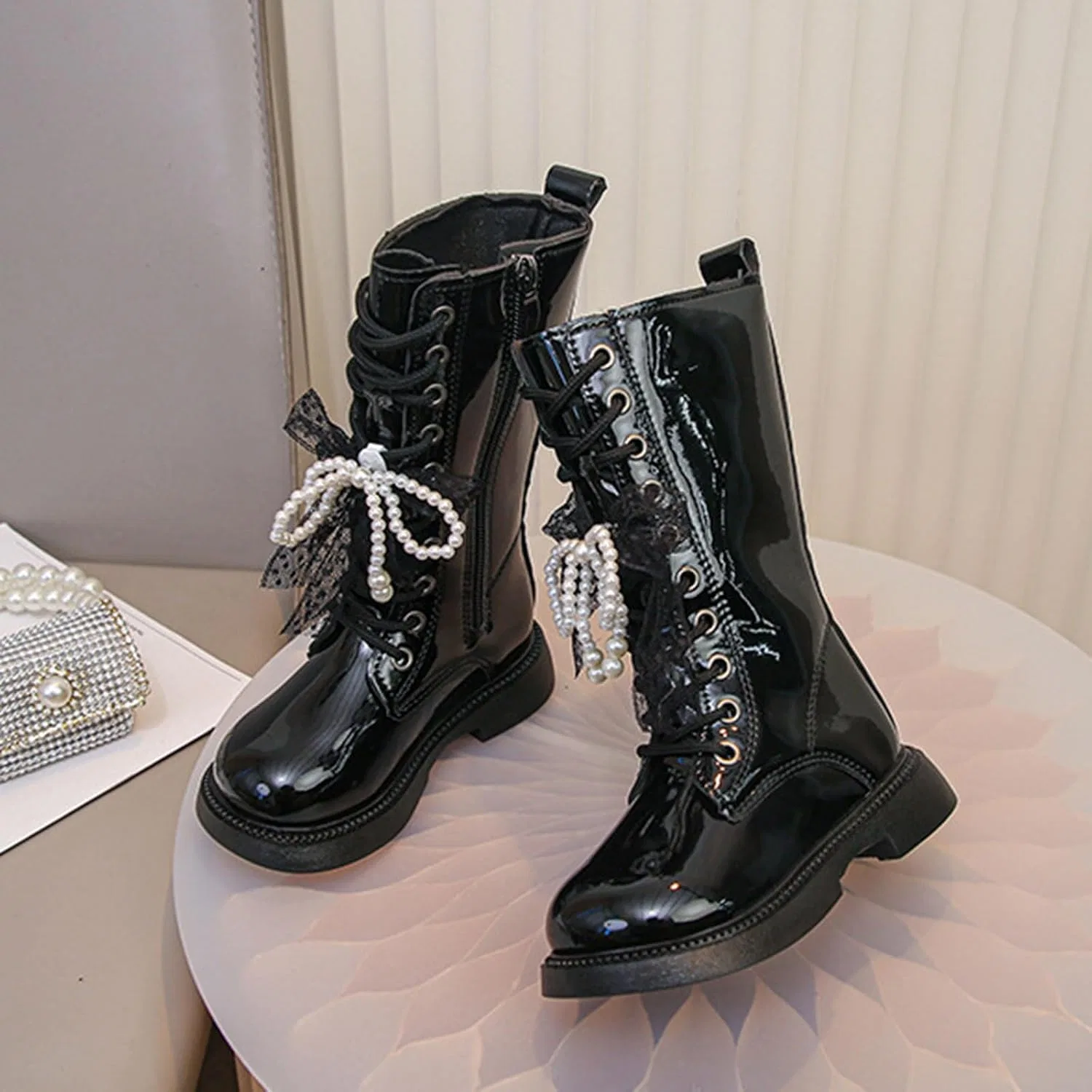 Детские ботинки для девочек с бантом на молнии, модель Punk Goth, Black — фото 4