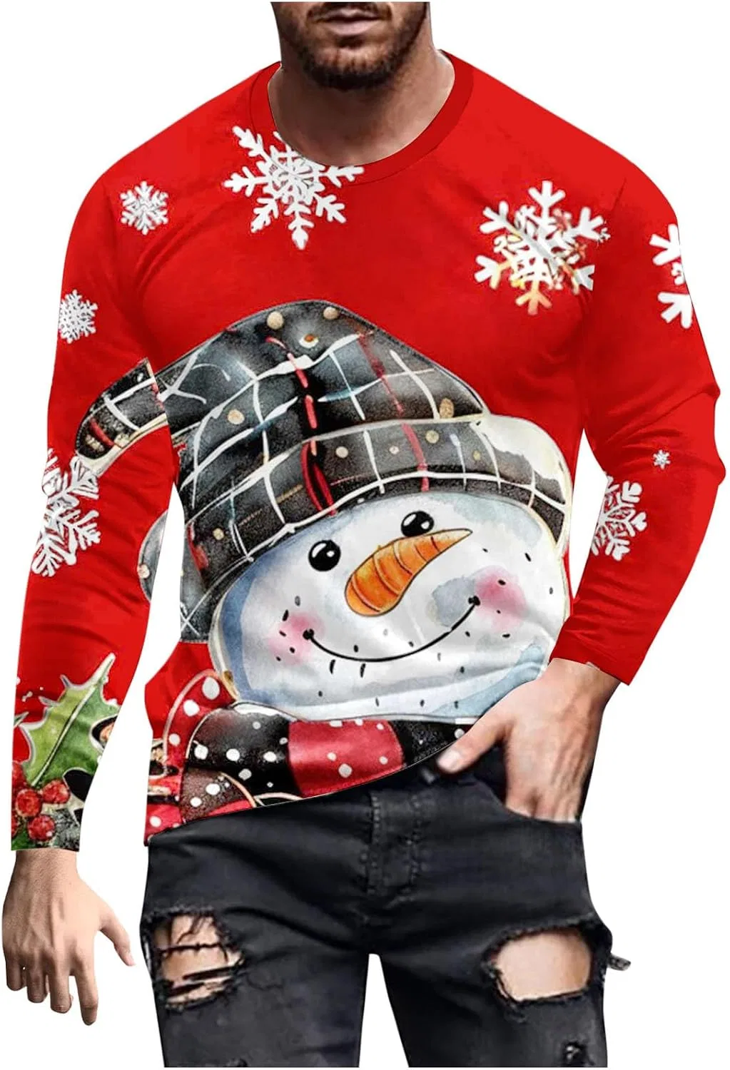 Мужская футболка с принтом снеговика Crewneck Pullover, Red