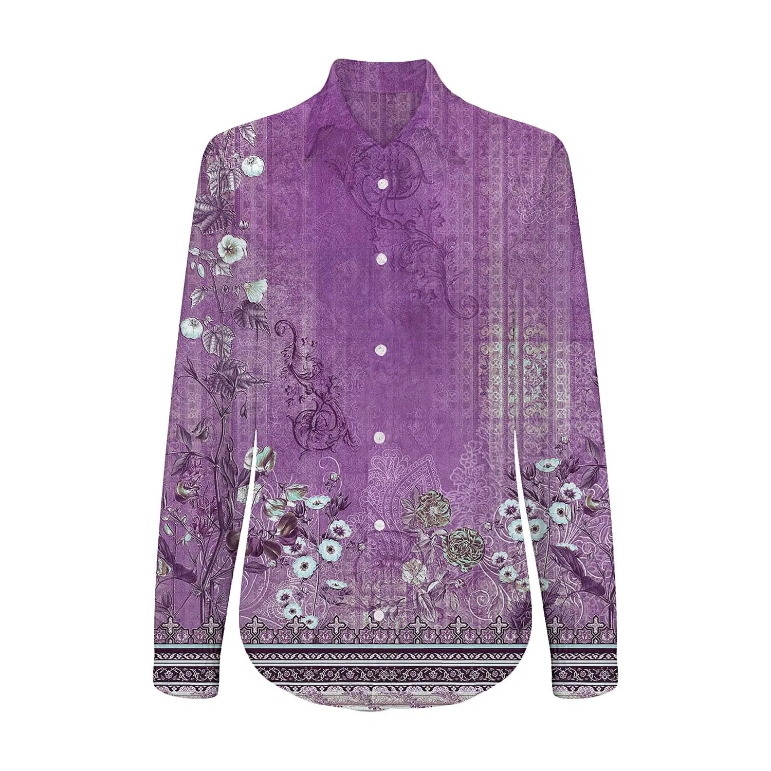 Женская льняная рубашка с цветочным принтом, свободного кроя, Purple — фото 4