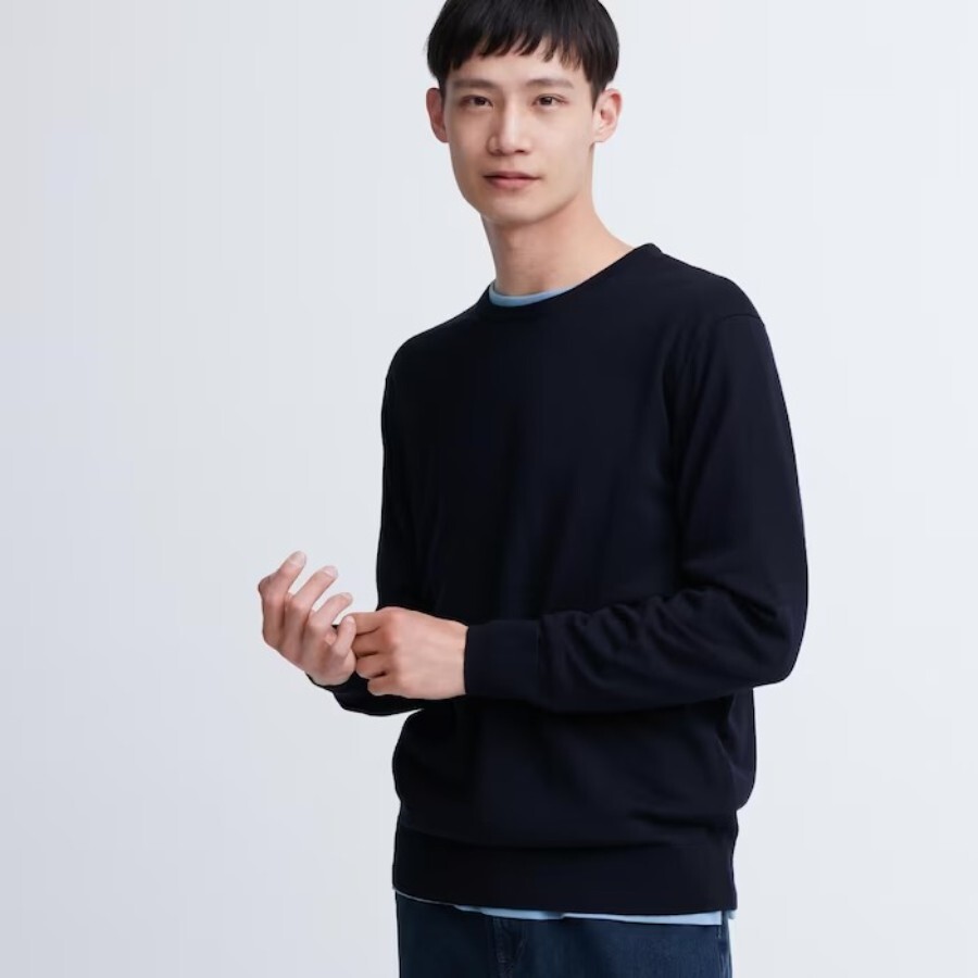 Джемпер Uniqlo Extra Fine Merino с круглым вырезом, темно-синий