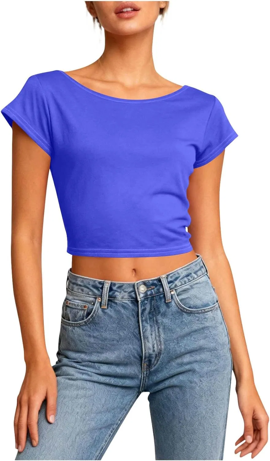 Женская свободная футболка с открытой спиной Crop Top, Blue — фото 2