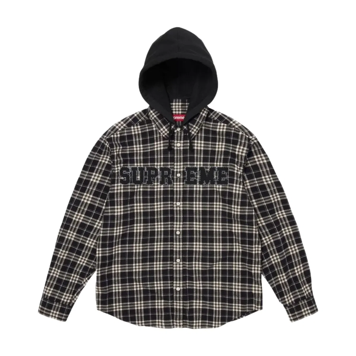 Мужское худи FW26 Applique Hooded Flannel Shirt 'Black' Supreme, черный — фото 2