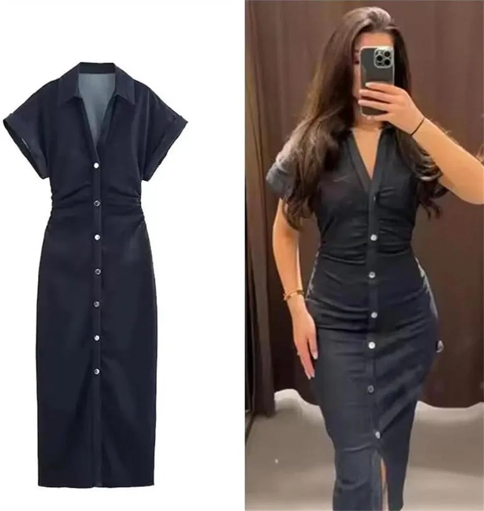 Женское джинсовое платье миди с защипами, Short Sleeve, Black — фото 2