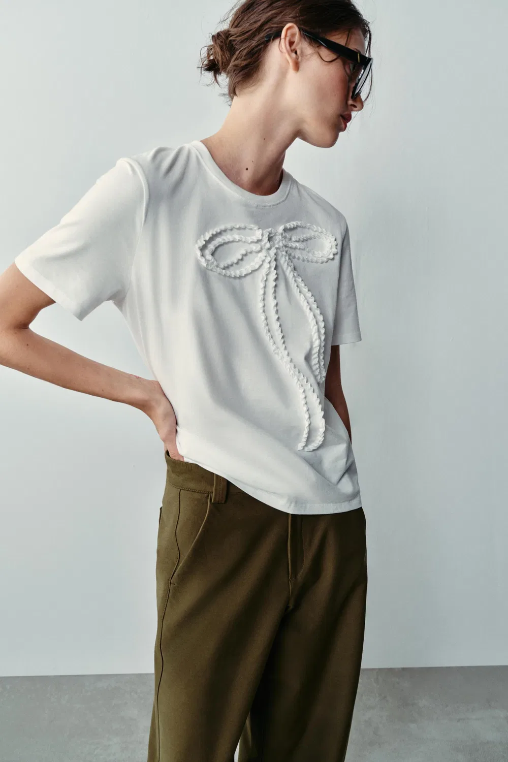 Футболка с бантом ZARA, Oyster-white — фото 2