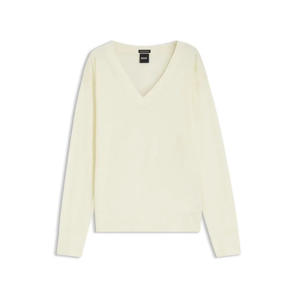 Женский пуловер с V-образным вырезом из мериносовой шерсти BOSS, Light Beige