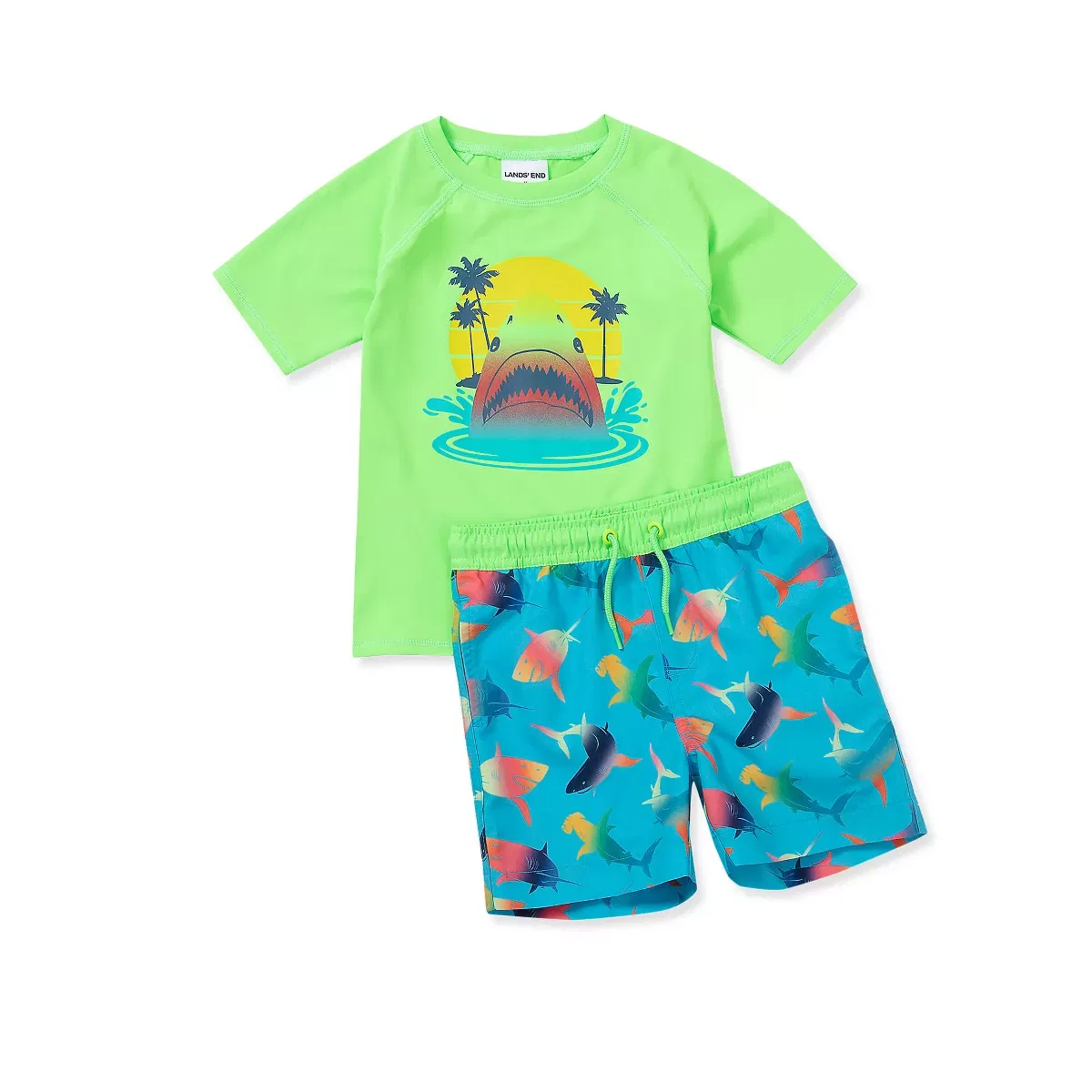 Детский комплект рашгарда и плавок с принтом Chlorine Resistant Short Sleeve UPF 50 Rash Guard Swim Trunk Set Lands' End, Neon Green Sharks