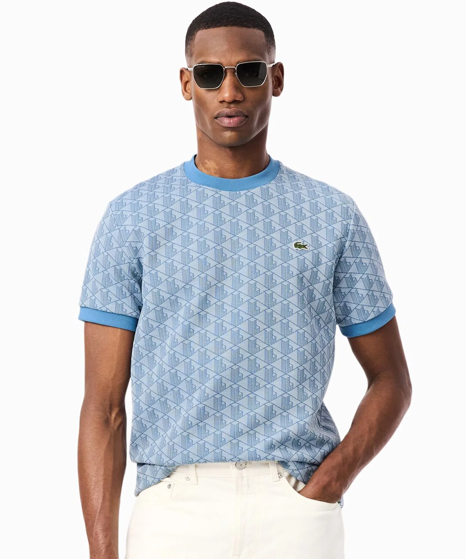 Унисекс футболка с монограммным жаккардом LACOSTE светло-голубая