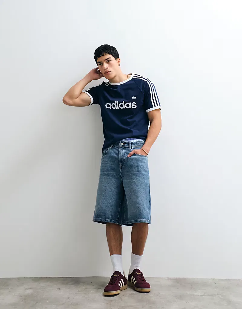 Футболка Adidas Originals с тремя полосками, темно-синяя и белая — фото 4