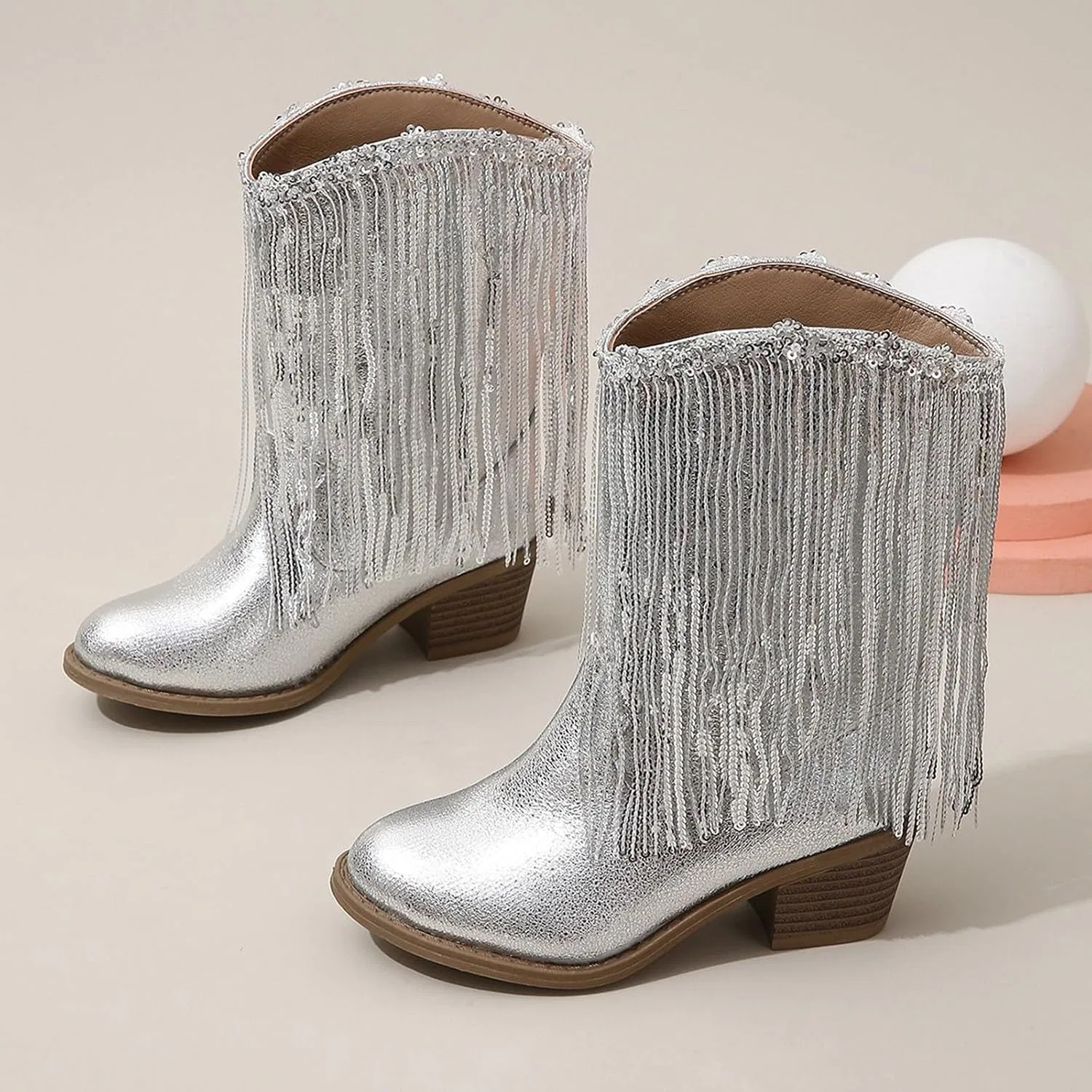 Детские сапоги для девочек с кисточками и боковой молнией Cowboy Tassel Boots, Silver — фото 3