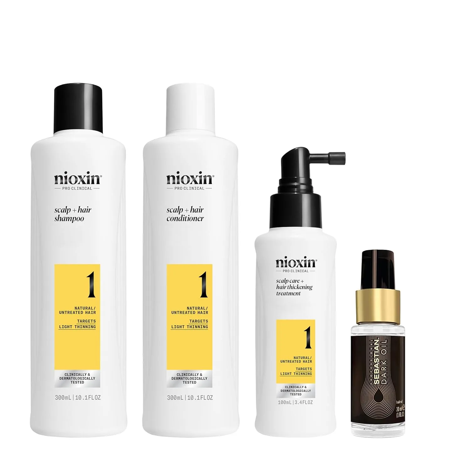 Набор Nioxin Scalp + Hair Thickening System 1 для натуральных волос с легким истончением, очищение, кондиционирование и уход + Sebastian Professional Dark Oil легкая укладка
