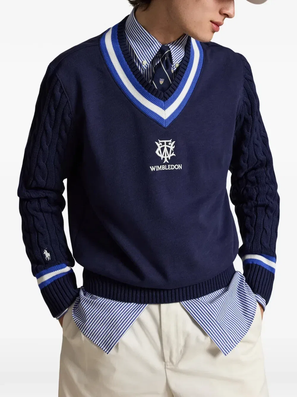 Свитер связанный вязкой «косичка» Уимблдон Polo Ralph Lauren, синий — фото 3
