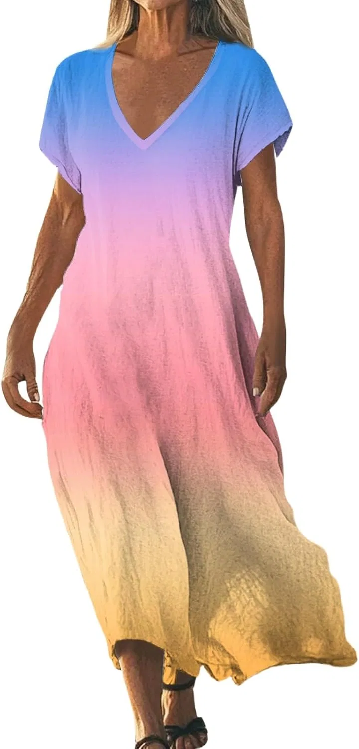 Женское макси-платье свободного кроя V-образным вырезом Cotton Linen, T22-pink