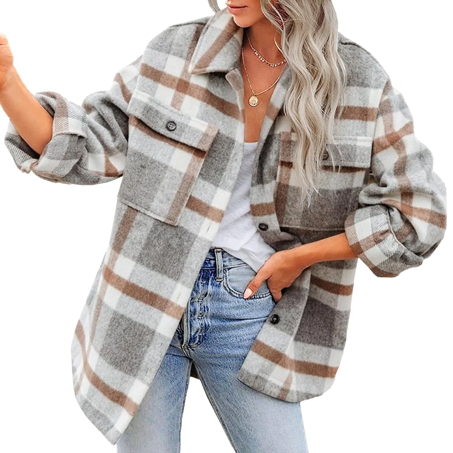 Женское пальто с длинным рукавом в клетку, Bright Grey (Ral 7035)