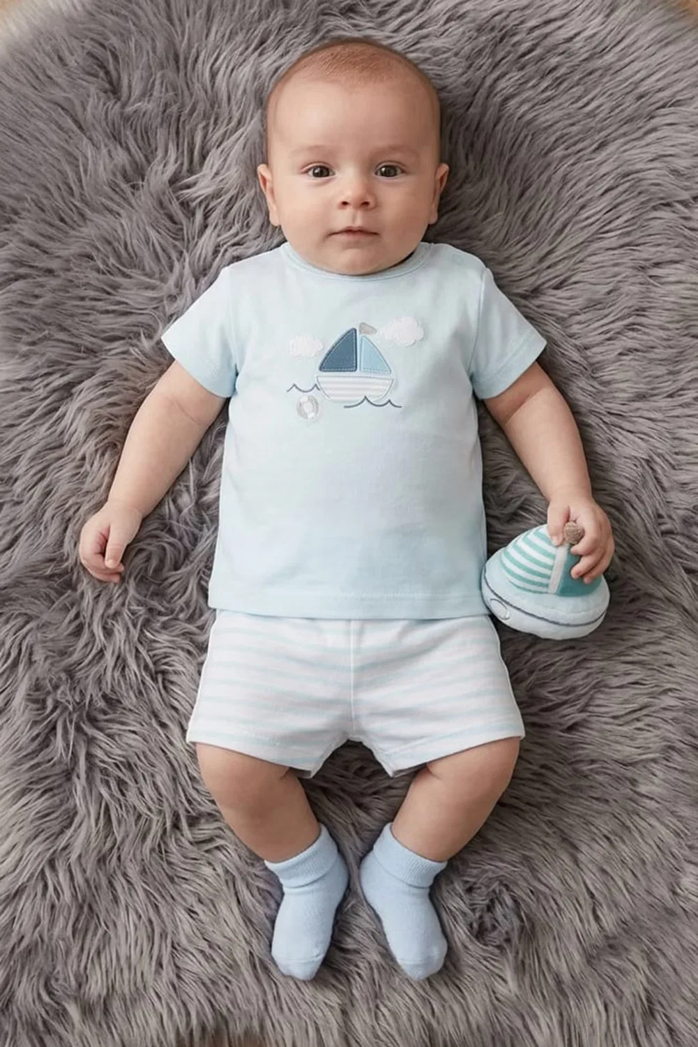 Комплект для мальчиков с принтом из топа, шорт и мягкой игрушки Rock-A-Bye Baby Boutique, разноцветный