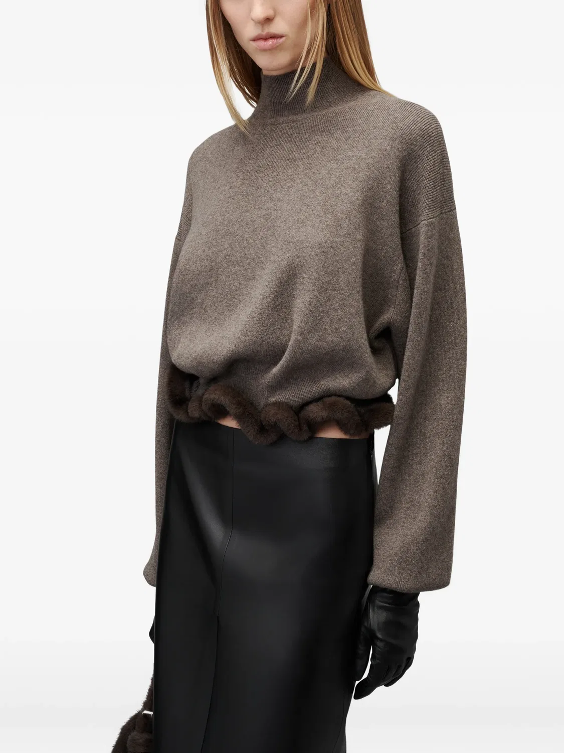 Укороченная водолазка с искусственным мехом Alexander Wang, коричневый — фото 3