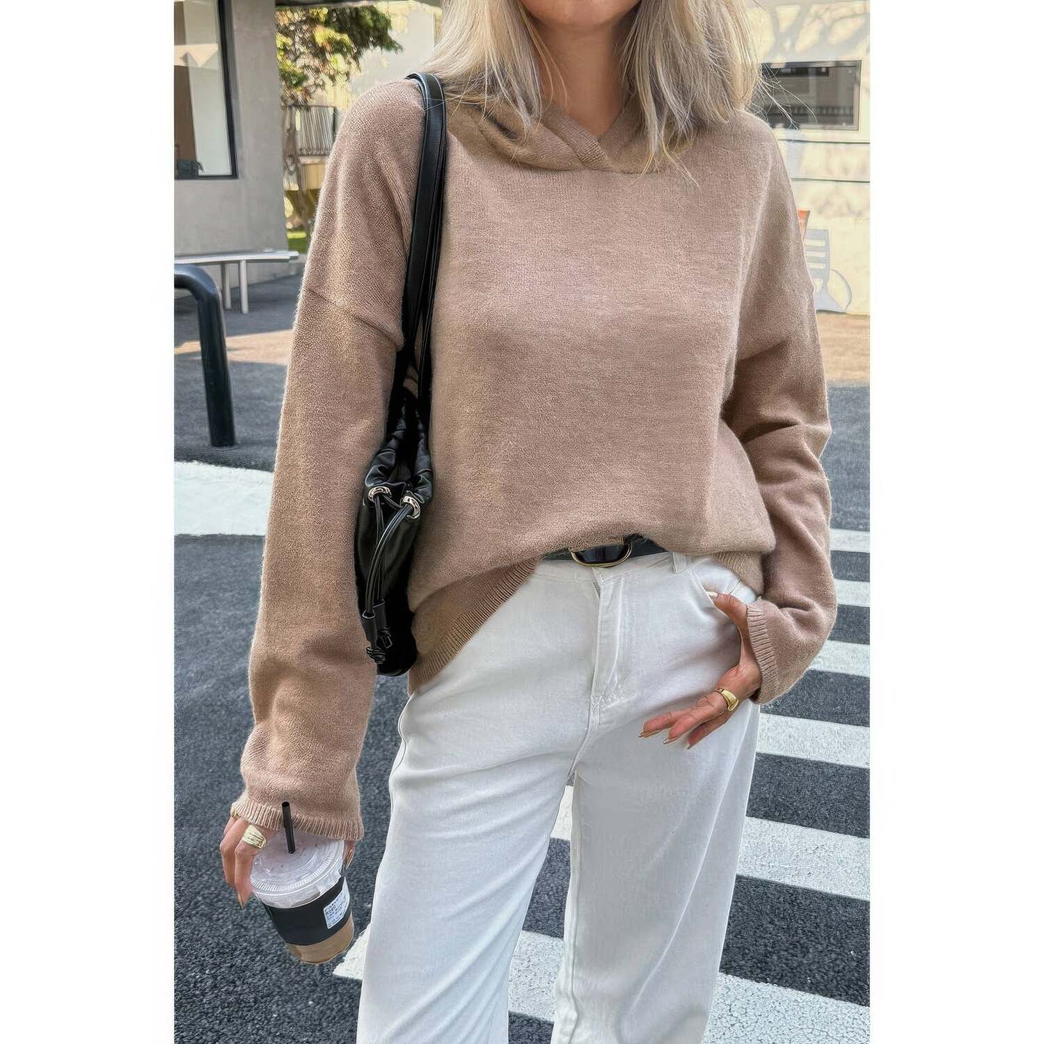 

Однотонный свободный свитер с длинными рукавами и капюшоном Truedames, хаки