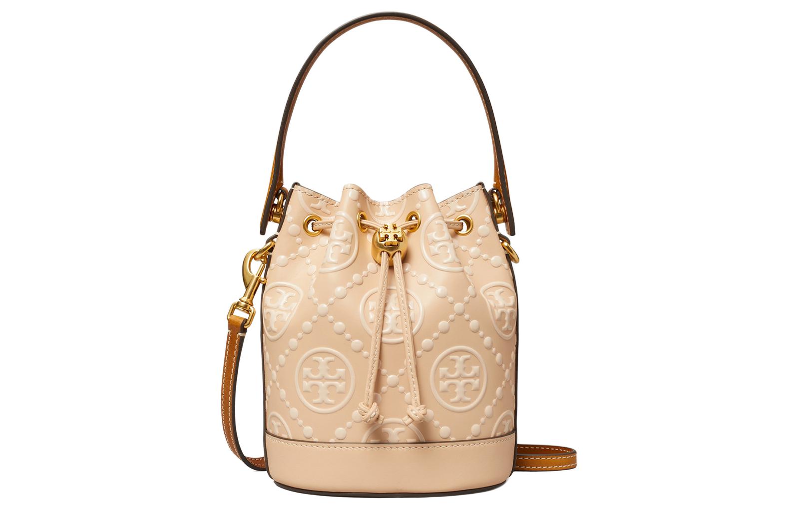 

TORY BURCH Кожаная сумка T Monogram, кожаная сумка-ведро, сумка через плечо, кроссбоди, мини-сумка для женщин light peach