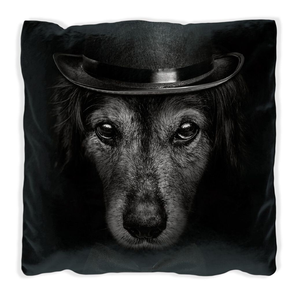 

Подушка Wallario Premium, мягкая поверхность, с элегантной собачкой в ​​цилиндре, черно-белый цвет, размер: 40 x 40 см, с белой спинкой